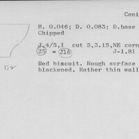Index card with typed and handwritten information, sometimes including a sketch, of pottery from an excavation.