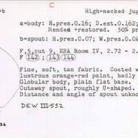 Index card with typed and handwritten information, sometimes including a sketch, of pottery from an excavation.