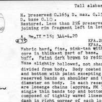 Index card with typed and handwritten information, sometimes including a sketch, of pottery from an excavation.