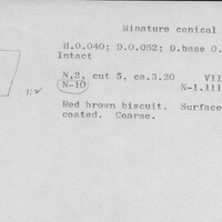 Index card with typed and handwritten information, sometimes including a sketch, of pottery from an excavation.