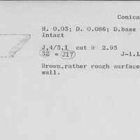 Index card with typed and handwritten information, sometimes including a sketch, of pottery from an excavation.