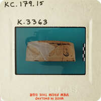 Ancient artifact with carvings on display.