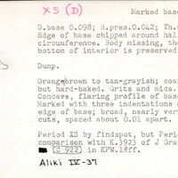 Index card with typed and handwritten information, sometimes including a sketch, of pottery from an excavation.