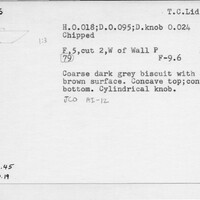 Index card with typed and handwritten information, sometimes including a sketch, of pottery from an excavation.