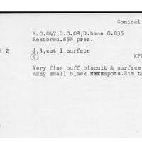 Index card with typed and handwritten information, sometimes including a sketch, of pottery from an excavation.