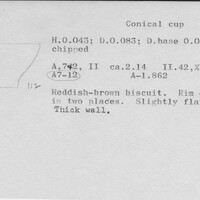 Index card with typed and handwritten information, sometimes including a sketch, of pottery from an excavation.