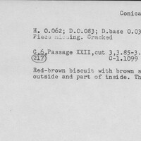 Index card with typed and handwritten information, sometimes including a sketch, of pottery from an excavation.