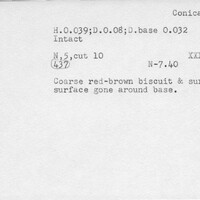 Index card with typed and handwritten information, sometimes including a sketch, of pottery from an excavation.