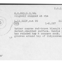 Index card with typed and handwritten information, sometimes including a sketch, of pottery from an excavation.
