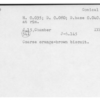 Index card with typed and handwritten information, sometimes including a sketch, of pottery from an excavation.