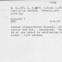 Index card with typed and handwritten information, sometimes including a sketch, of pottery from an excavation.