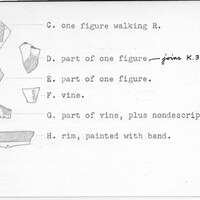 Index card with typed and handwritten information, sometimes including a sketch, of pottery from an excavation.