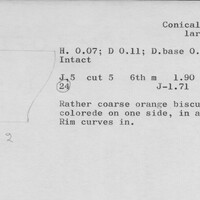 Index card with typed and handwritten information, sometimes including a sketch, of pottery from an excavation.