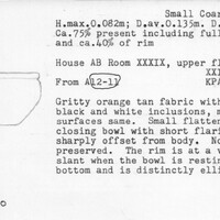 Index card with typed and handwritten information, sometimes including a sketch, of pottery from an excavation.