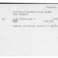 Index card with typed and handwritten information, sometimes including a sketch, of pottery from an excavation.