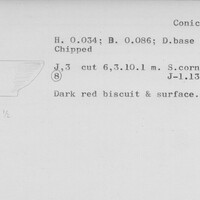 Index card with typed and handwritten information, sometimes including a sketch, of pottery from an excavation.