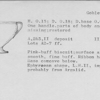 Index card with typed and handwritten information, sometimes including a sketch, of pottery from an excavation.