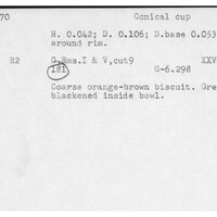 Index card with typed and handwritten information, sometimes including a sketch, of pottery from an excavation.