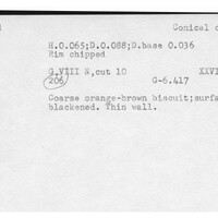 Index card with typed and handwritten information, sometimes including a sketch, of pottery from an excavation.