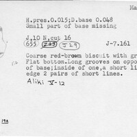 Index card with typed and handwritten information, sometimes including a sketch, of pottery from an excavation.