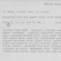 Index card with typed and handwritten information, sometimes including a sketch, of pottery from an excavation.