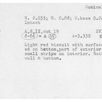 Index card with typed and handwritten information, sometimes including a sketch, of pottery from an excavation.