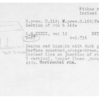 Index card with typed and handwritten information, sometimes including a sketch, of pottery from an excavation.