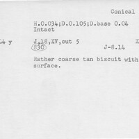 Index card with typed and handwritten information, sometimes including a sketch, of pottery from an excavation.