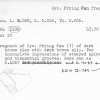 Index card with typed and handwritten information, sometimes including a sketch, of pottery from an excavation.