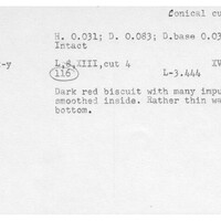 Index card with typed and handwritten information, sometimes including a sketch, of pottery from an excavation.