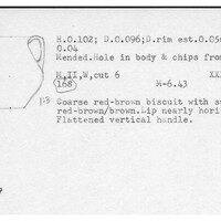 Index card with typed and handwritten information, sometimes including a sketch, of pottery from an excavation.