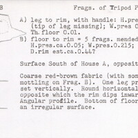 Index card with typed and handwritten information, sometimes including a sketch, of pottery from an excavation.