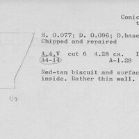 Index card with typed and handwritten information, sometimes including a sketch, of pottery from an excavation.
