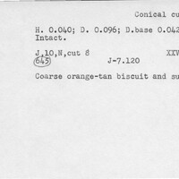 Index card with typed and handwritten information, sometimes including a sketch, of pottery from an excavation.
