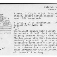 Index card with typed and handwritten information, sometimes including a sketch, of pottery from an excavation.
