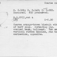 Index card with typed and handwritten information, sometimes including a sketch, of pottery from an excavation.