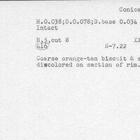 Index card with typed and handwritten information, sometimes including a sketch, of pottery from an excavation.
