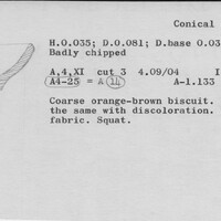 Index card with typed and handwritten information, sometimes including a sketch, of pottery from an excavation.
