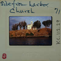 A photograph of a church with trees and water, marked as "Side View Harbor Church" on the film strip.