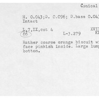 Index card with typed and handwritten information, sometimes including a sketch, of pottery from an excavation.