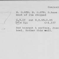 Index card with typed and handwritten information, sometimes including a sketch, of pottery from an excavation.