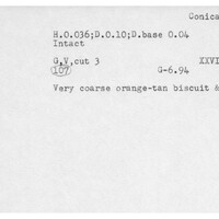 Index card with typed and handwritten information, sometimes including a sketch, of pottery from an excavation.