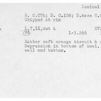 Index card with typed and handwritten information, sometimes including a sketch, of pottery from an excavation.