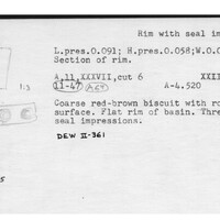 Index card with typed and handwritten information, sometimes including a sketch, of pottery from an excavation.