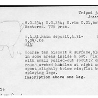 Index card with typed and handwritten information, sometimes including a sketch, of pottery from an excavation.