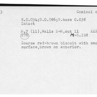 Index card with typed and handwritten information, sometimes including a sketch, of pottery from an excavation.