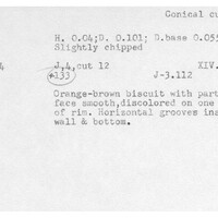 Index card with typed and handwritten information, sometimes including a sketch, of pottery from an excavation.