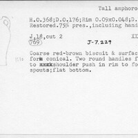 Index card with typed and handwritten information, sometimes including a sketch, of pottery from an excavation.
