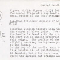 Index card with typed and handwritten information, sometimes including a sketch, of pottery from an excavation.