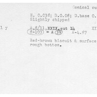 Index card with typed and handwritten information, sometimes including a sketch, of pottery from an excavation.
